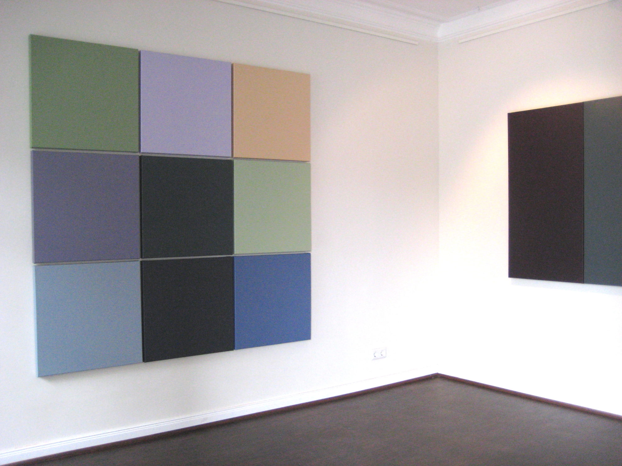 Grüning, o.T., 2008, 9 teilig, Acryl auf Leinwand, je 60 x 60 cm u. o.T., 2008, 2teilig, Acryl auf Leinwand, je 120 x 60 cm