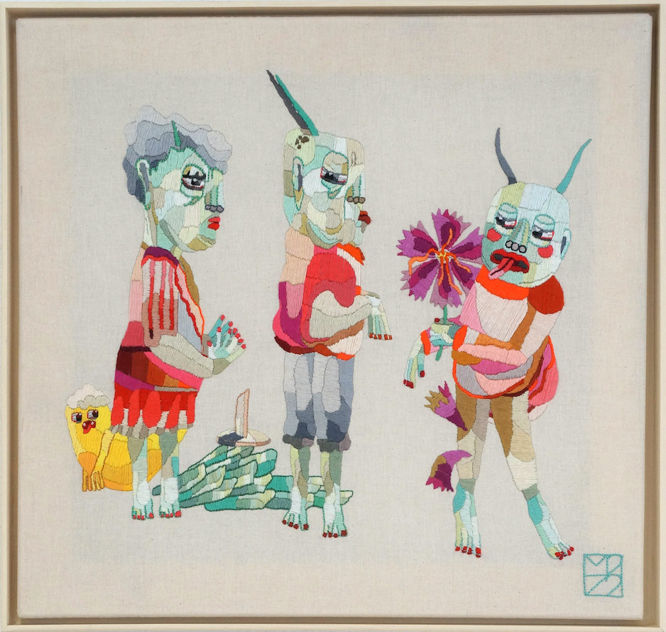 Alkestis – Die Verhandlung, 2022, Garn auf Nessel, 40 x 42 cm Kopie